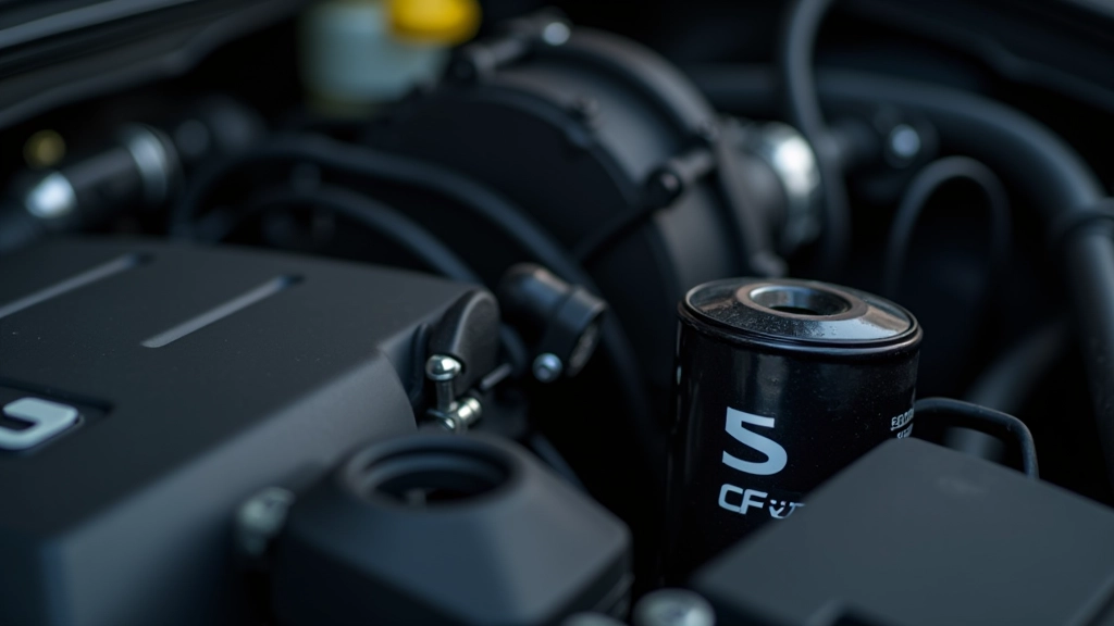 Engine compartment showing oil filter location highlighted with an arrow on the side of the engine