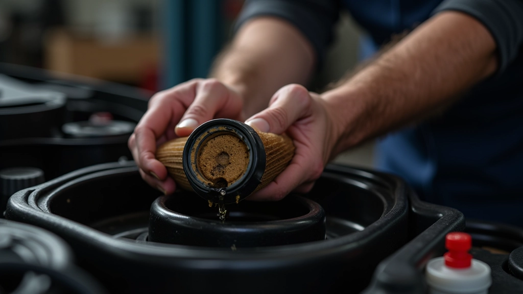 Technician's hands holding a removed oil filter over a drain pan, showing the old filter separated from the engine
