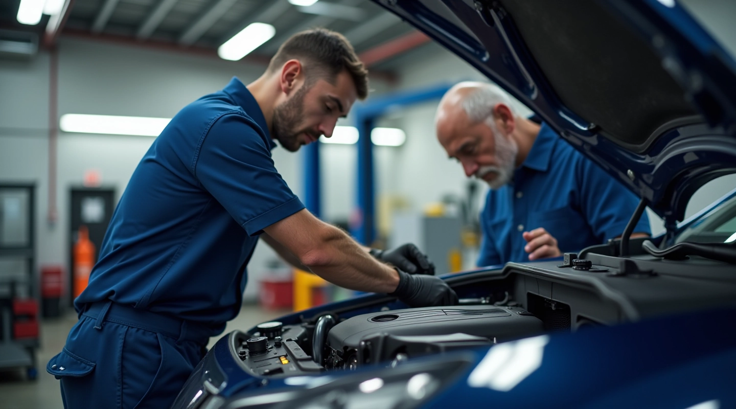 Professional mechanic performing full synthetic engine oil and filter change service on a vehicle engine