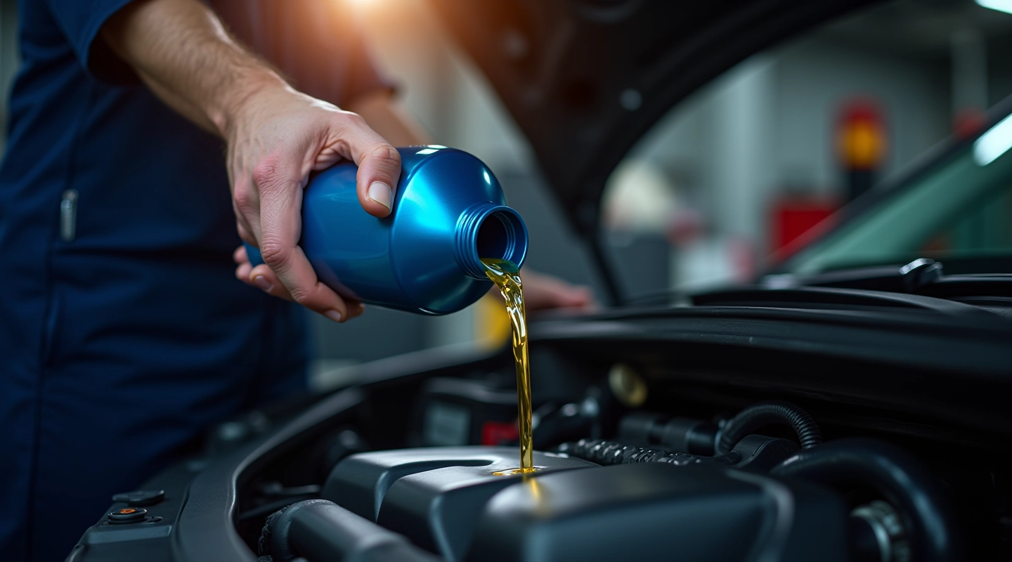 Mechanic pouring synthetic engine oil into an engine during maintenance service