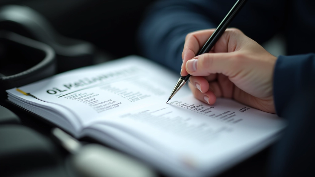 Mechanic checking oil viscosity specifications in vehicle owner's manual